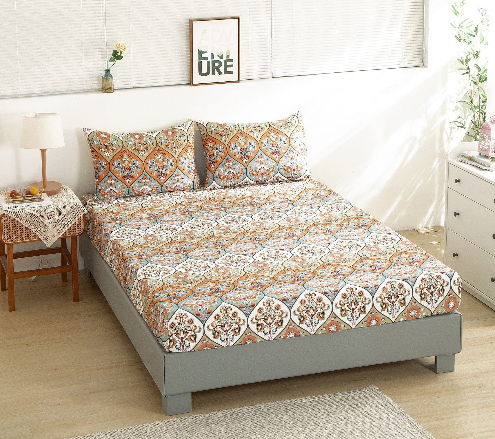 DaDa Bedding Bohemian Floral Paisley Fitted Sheet Set — Coral, Teal & Blue Garden Party