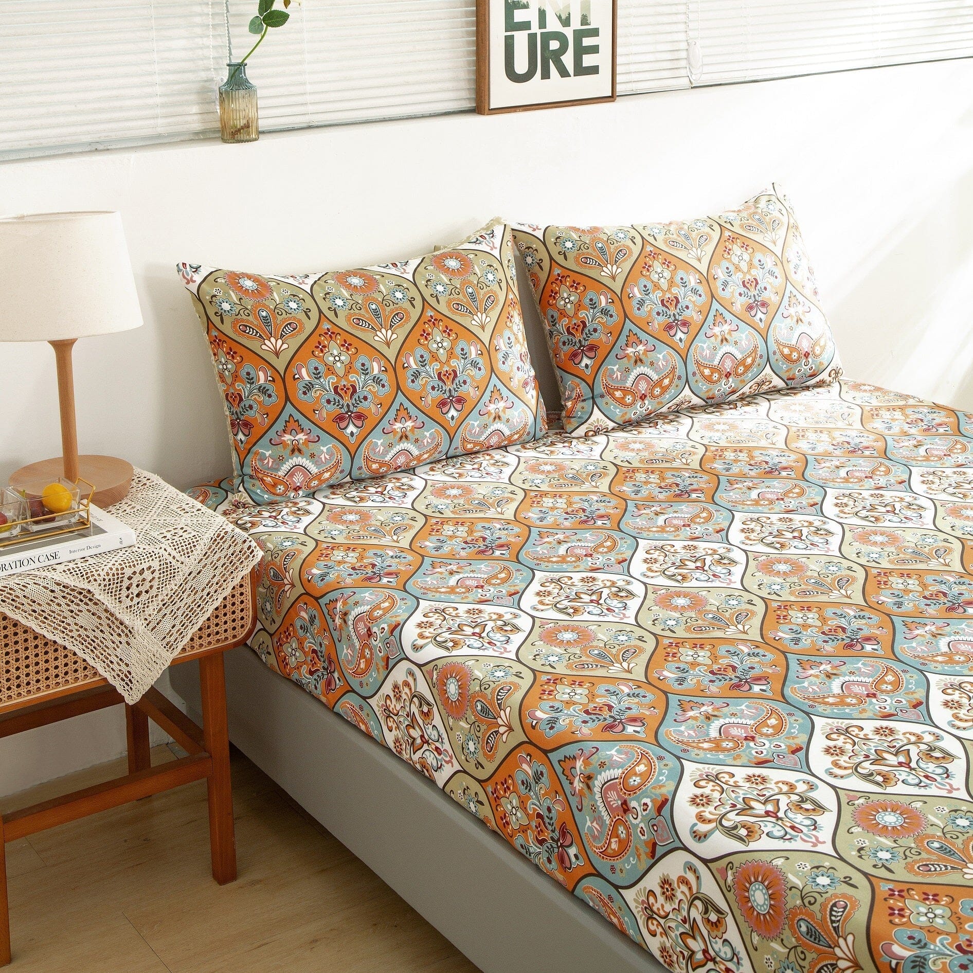 DaDa Bedding Bohemian Floral Paisley Fitted Sheet Set — Coral, Teal & Blue Garden Party