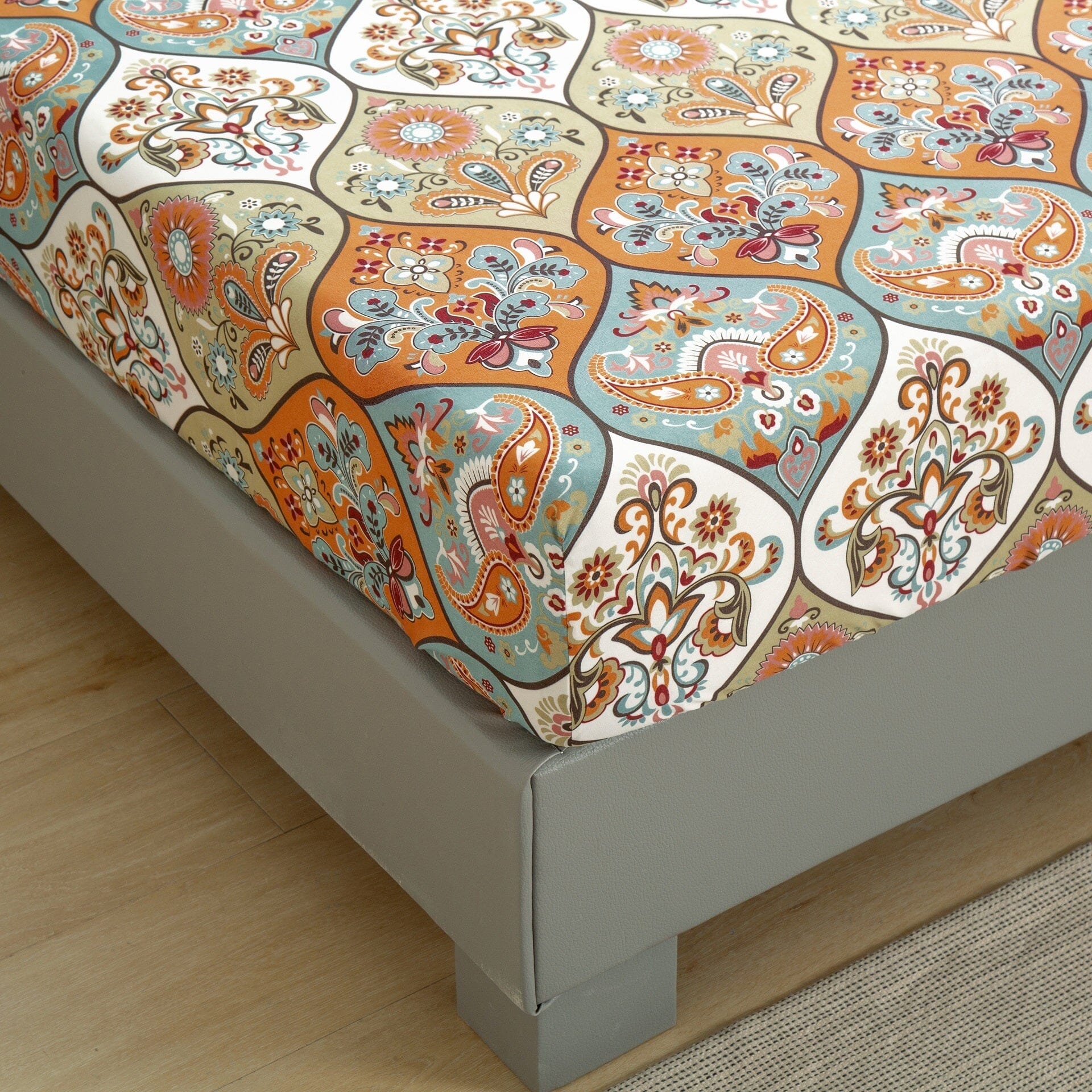 DaDa Bedding Bohemian Floral Paisley Fitted Sheet Set — Coral, Teal & Blue Garden Party