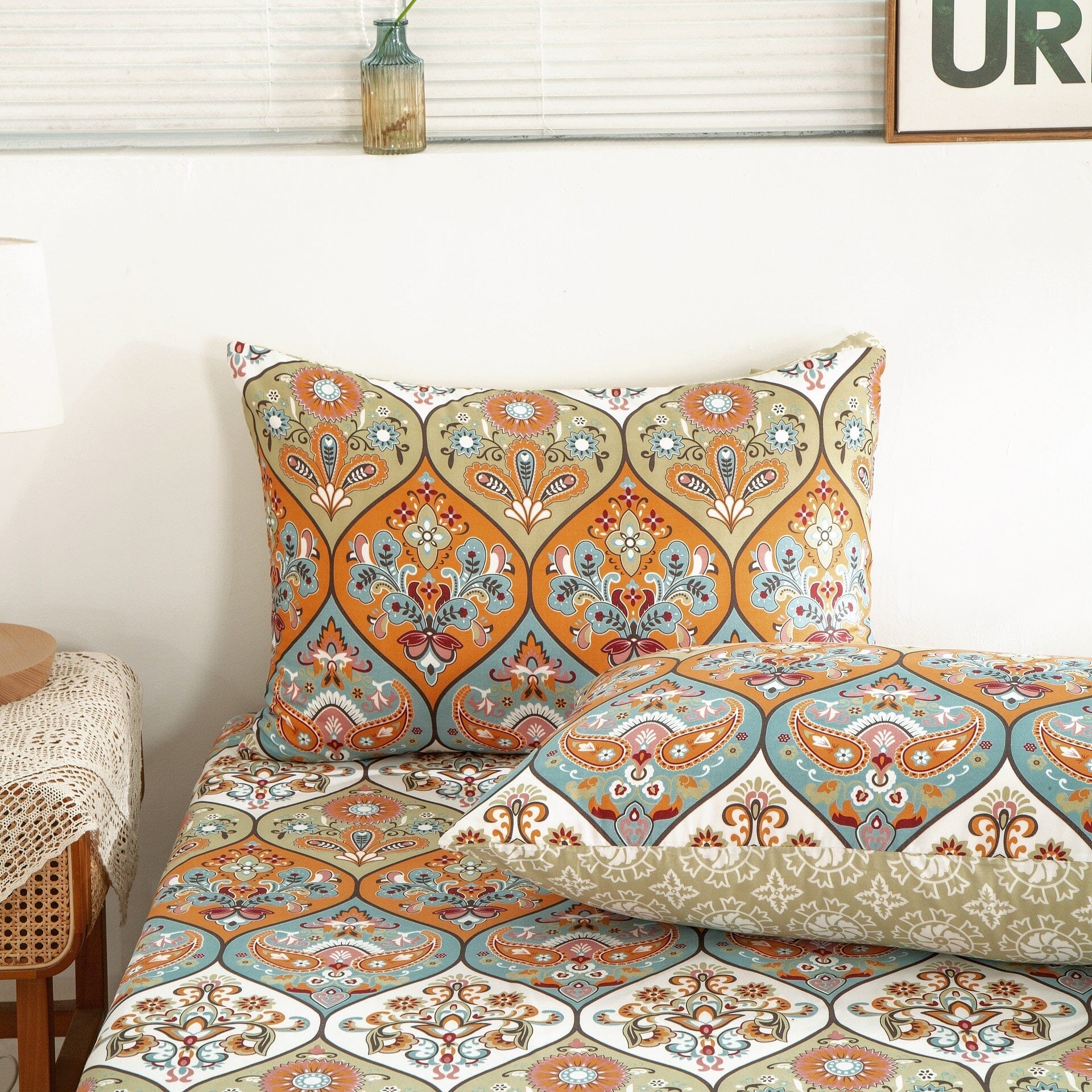 DaDa Bedding Bohemian Floral Paisley Fitted Sheet Set — Coral, Teal & Blue Garden Party