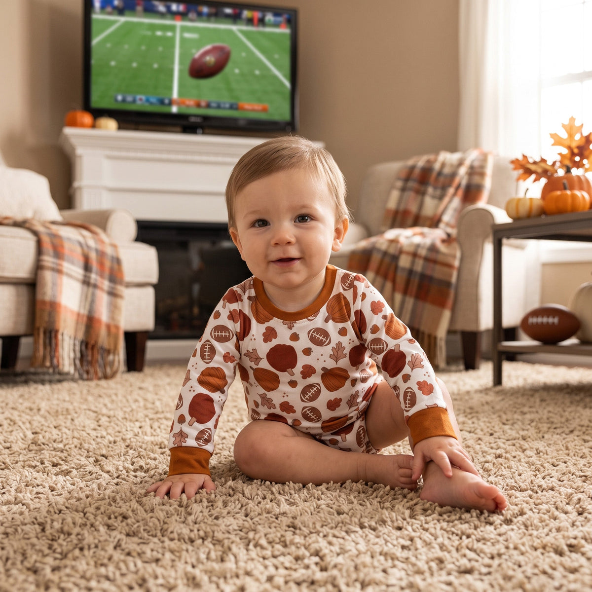 Baby Pumpkin Football Long-Sleeve Fall Romper