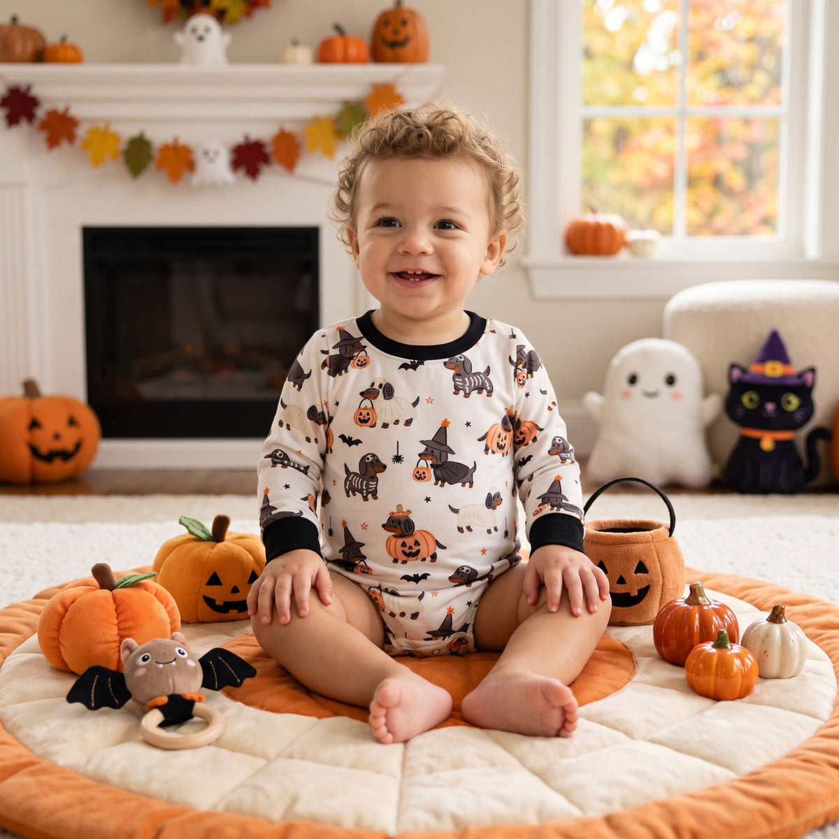 Baby Dog & Pumpkin Halloween Long-Sleeve Romper