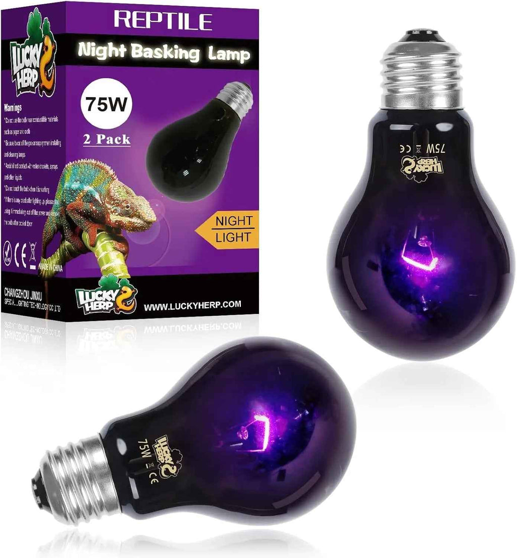 Two LUCKY HERP 75W purple reptile night heat bulbs beside their two-pack retail box