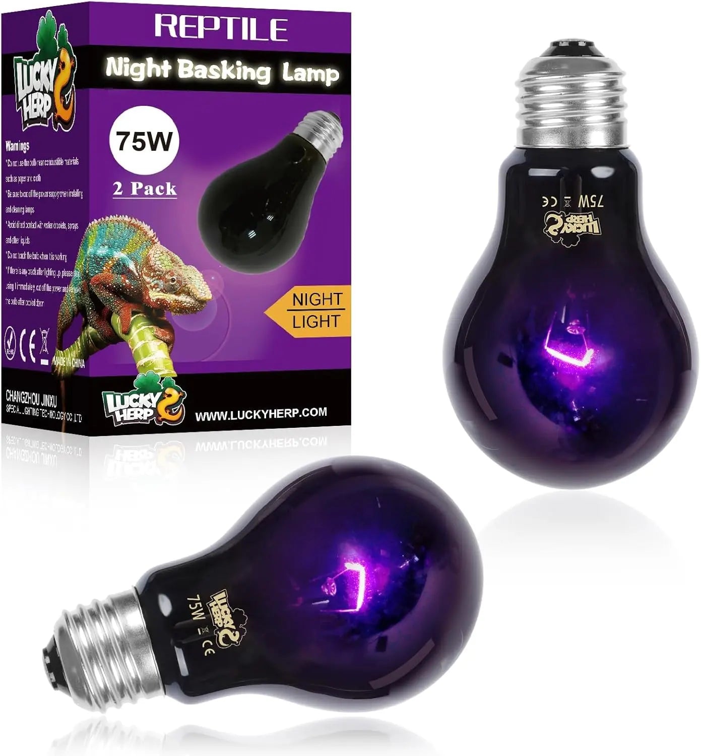 Reptile Night Heat Lamp Bulbs – 2-Pack UVA Infrared Heat Bulb for Terrariums | 50W & 75W | E26 Base