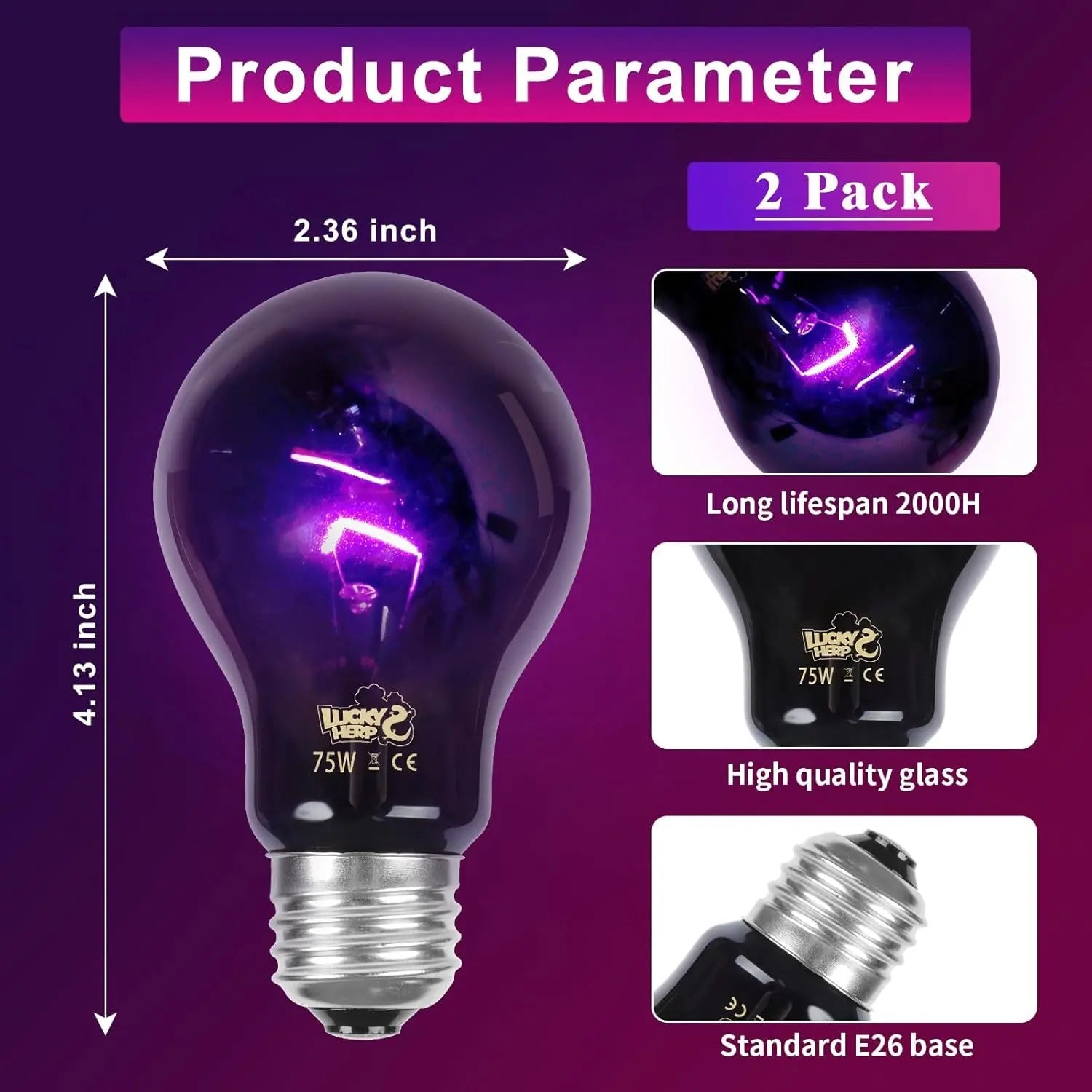 Reptile Night Heat Lamp Bulbs – 2-Pack UVA Infrared Heat Bulb for Terrariums | 50W & 75W | E26 Base