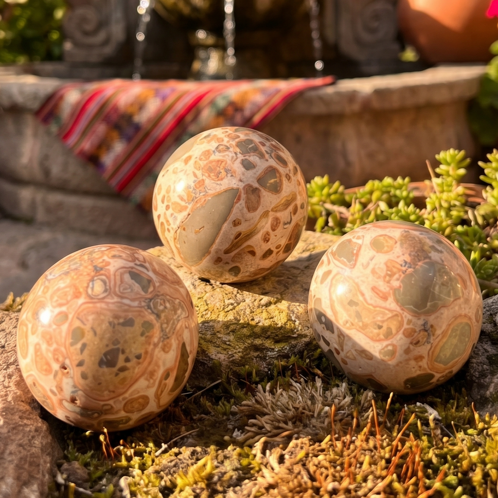 Three polished leopardite spheres with cream, peach, and gray spotted patterns on moss near a fountain.