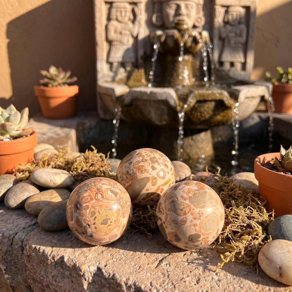 Three patterned leopard skin jasper spheres displayed with pebbles and succulents near a fountain.