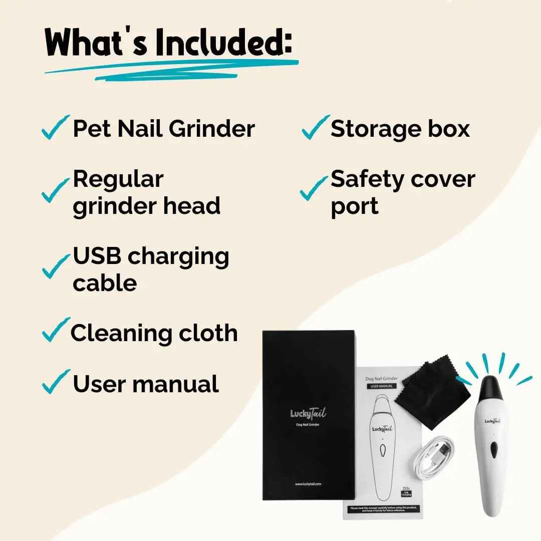 List of included items for a pet nail grinder with corresponding icons and a visual representation of the product and accessories on a beige background.