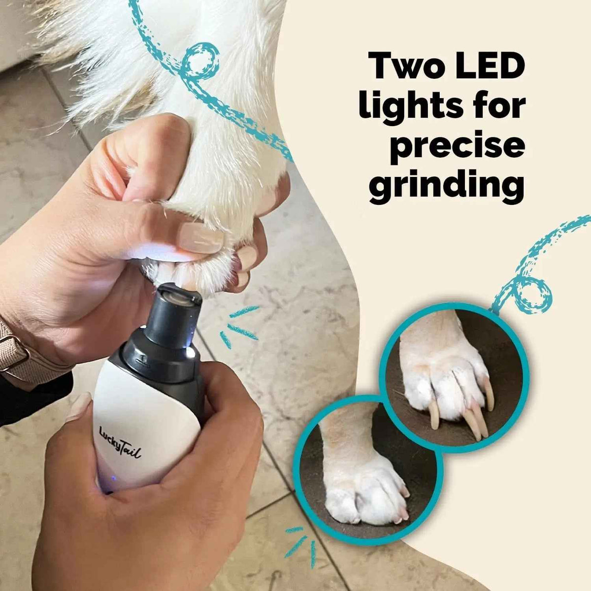 Person using a pet nail grinder on a dog's paw with text highlighting LED lights for precise grinding.