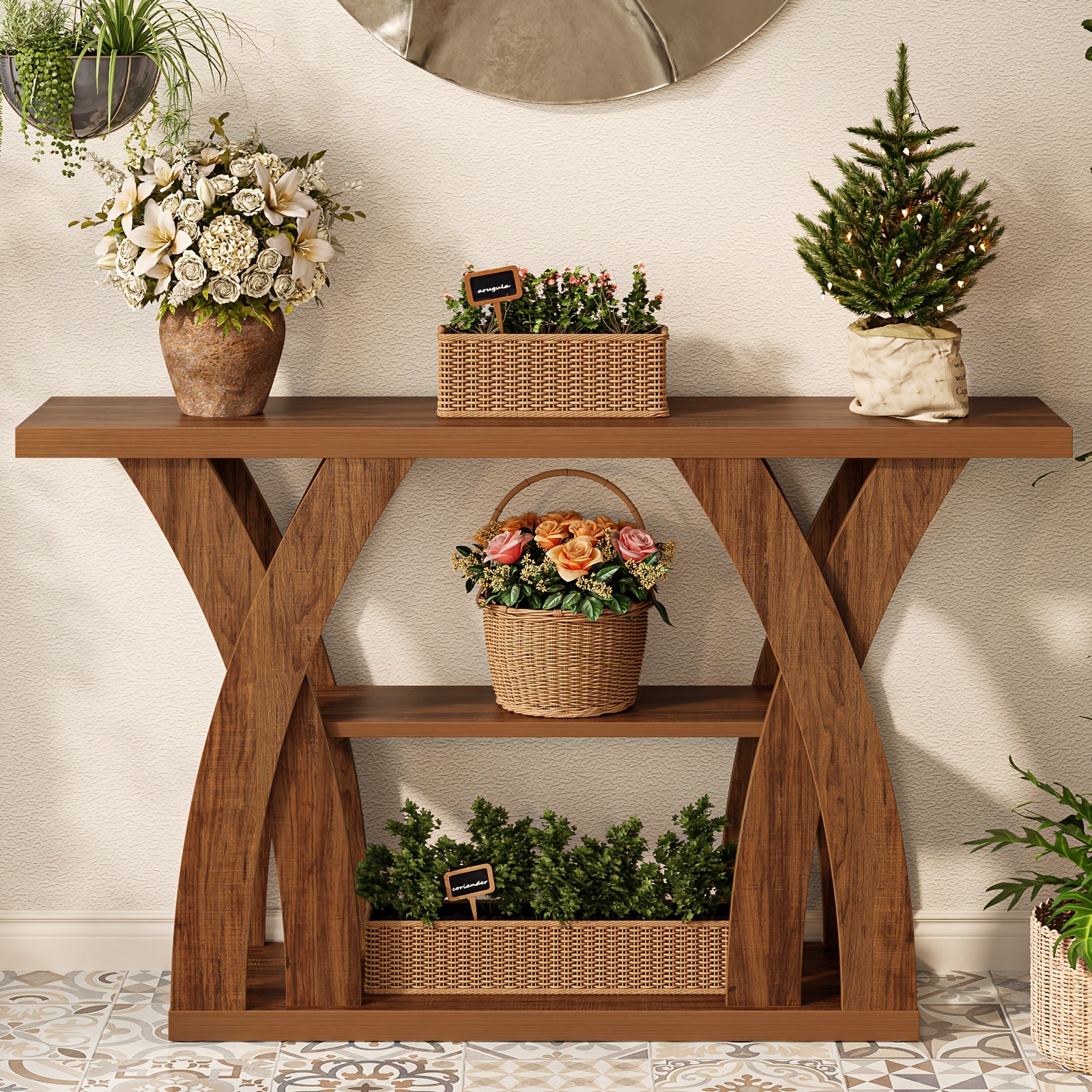 55" Rustic Console Table – 3-Tier Storage, X-Frame Legs, LED Strip | Entryway & Sofa Table