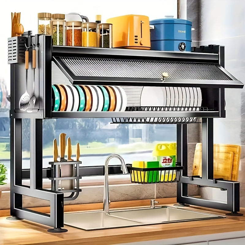 Over-Sink Dish Drying Rack – Flip-Up Glass Door, 2-Tier, Knife Holder & 8 Hooks | Kitchen Organizer