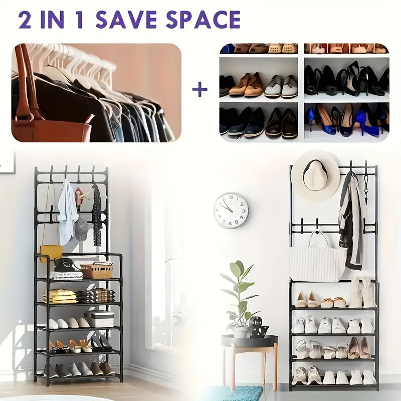 2-in-1 Shoe Rack & Coat Hanger – 5-Tier Entryway Organizer with Dual Hooks