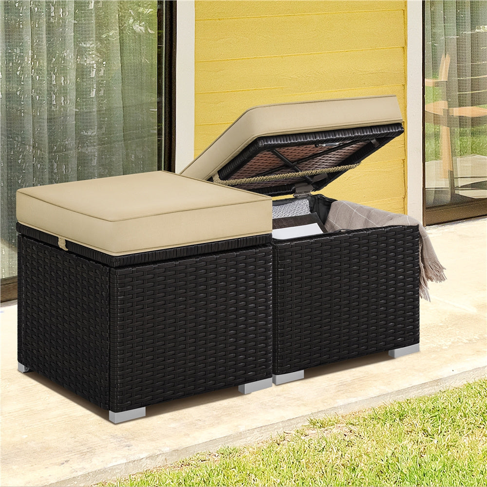 2-Piece Outdoor Rattan Storage Ottoman Set with Cushions