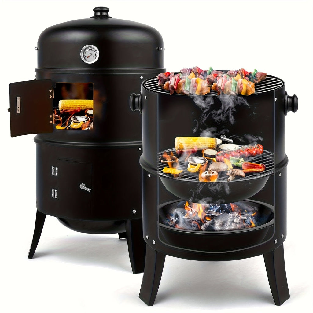 3-in-1 Charcoal Smoker Grill – BBQ Grill, Smoker & Fire Pit | Built-In Thermometer, 2 Access Doors, 6 Food Hooks