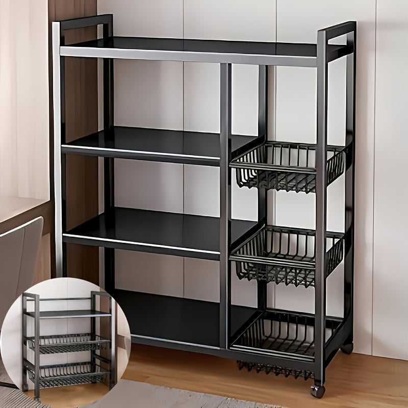 4-Tier Rolling Metal Storage Rack with Side Baskets | Heavy-Duty Utility Shelf on Wheels, Black