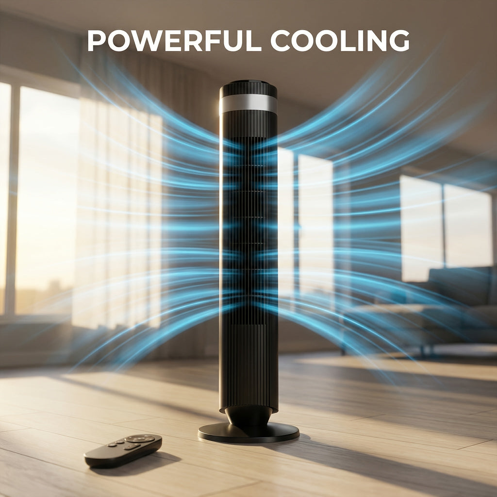 36.6" Bladeless Tower Fan – 5 Speeds, 4 Modes, 64° Oscillation, 12H Timer, Remote & LED | Quiet 28dB