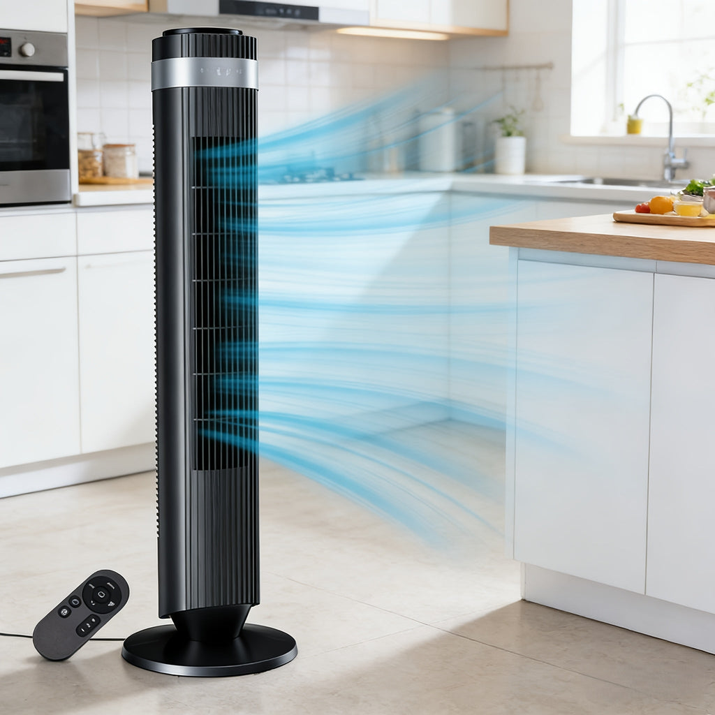 36.6" Bladeless Tower Fan – 5 Speeds, 4 Modes, 64° Oscillation, 12H Timer, Remote & LED | Quiet 28dB