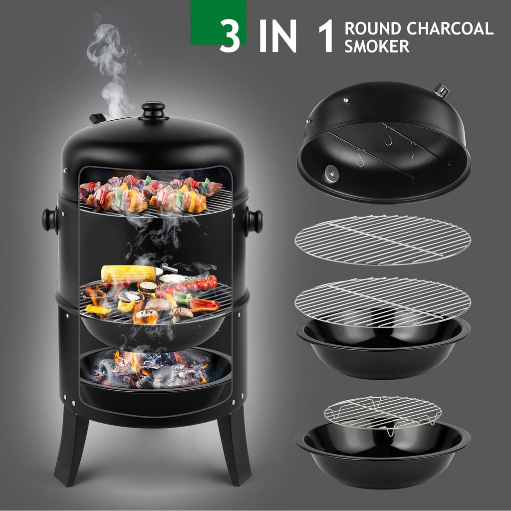 3-in-1 Charcoal Smoker Grill – BBQ Grill, Smoker & Fire Pit | Built-In Thermometer, 2 Access Doors, 6 Food Hooks