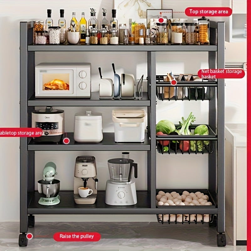 4-Tier Rolling Metal Storage Rack with Side Baskets | Heavy-Duty Utility Shelf on Wheels, Black