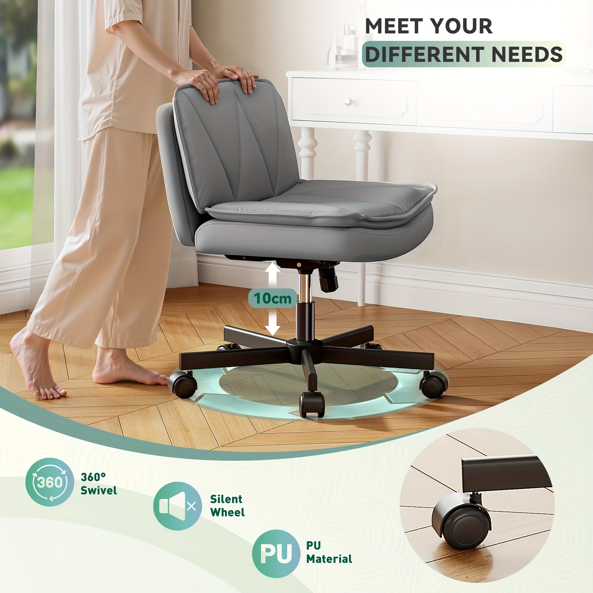 27" Wide Criss Cross Office Chair with Wheels – Ergonomic Swivel Armless Vanity & Desk Chair