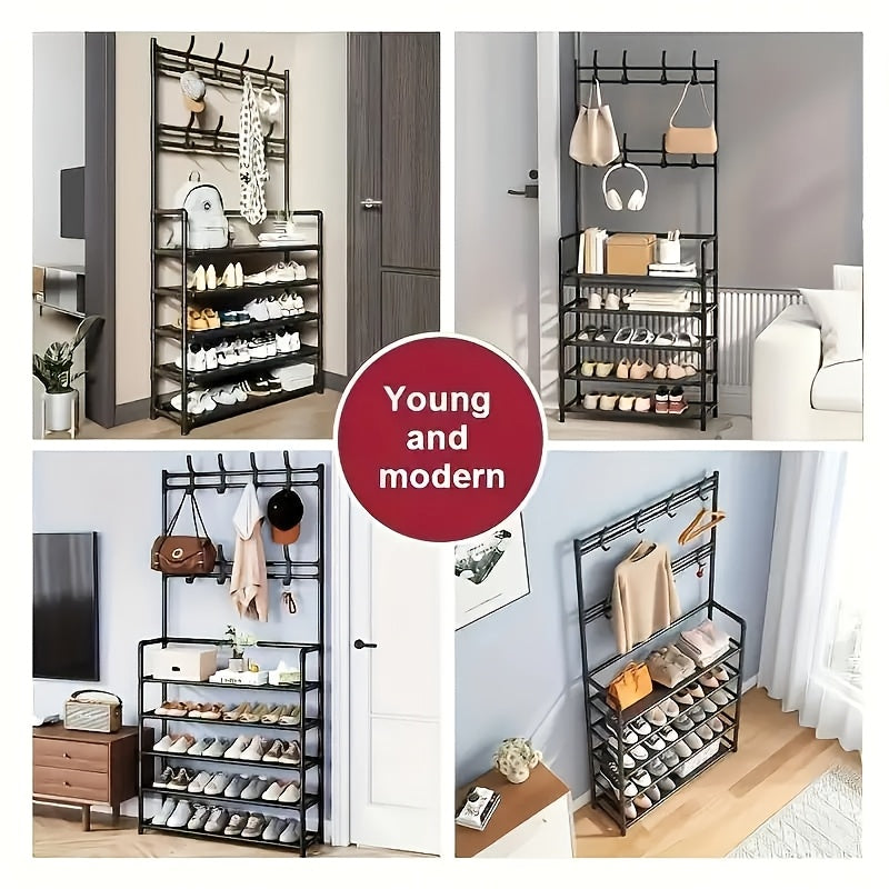 2-in-1 Shoe Rack & Coat Hanger – 5-Tier Entryway Organizer with Dual Hooks