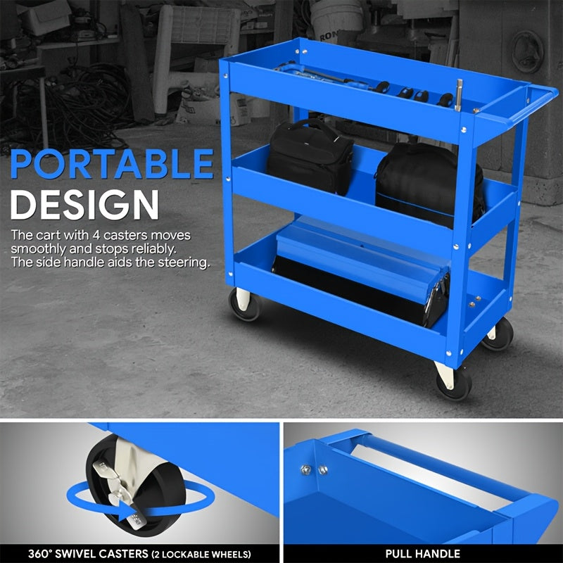 3-Tier Rolling Tool Cart – Heavy-Duty Steel, 4 Swivel Casters, Waterproof Shelves | Garage & Workshop