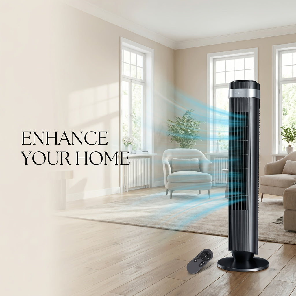 36.6" Bladeless Tower Fan – 5 Speeds, 4 Modes, 64° Oscillation, 12H Timer, Remote & LED | Quiet 28dB