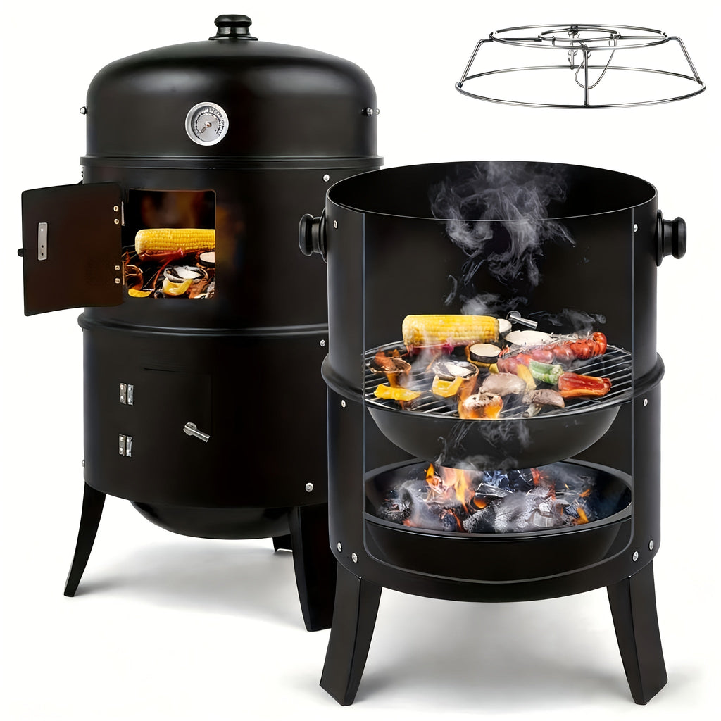 3-in-1 Charcoal Smoker Grill – BBQ Grill, Smoker & Fire Pit | Built-In Thermometer, 2 Access Doors, 6 Food Hooks