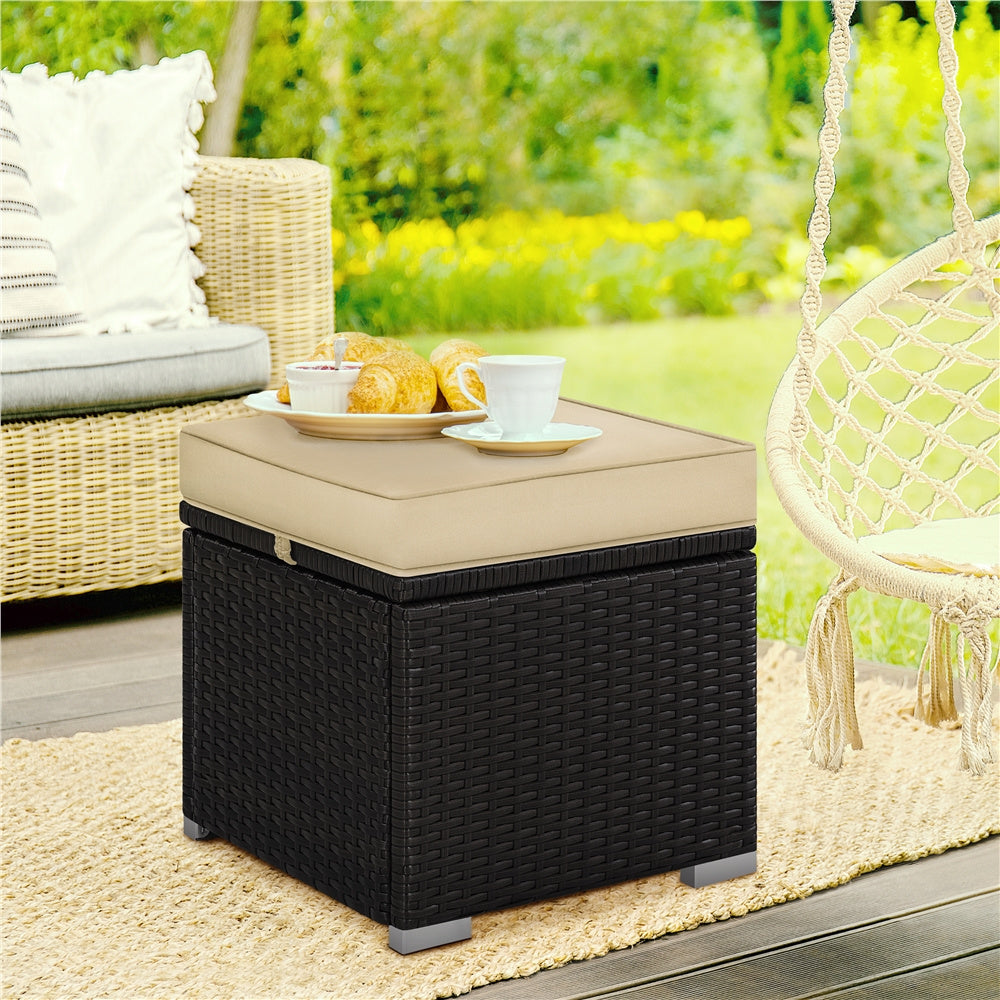 2-Piece Outdoor Rattan Storage Ottoman Set with Cushions