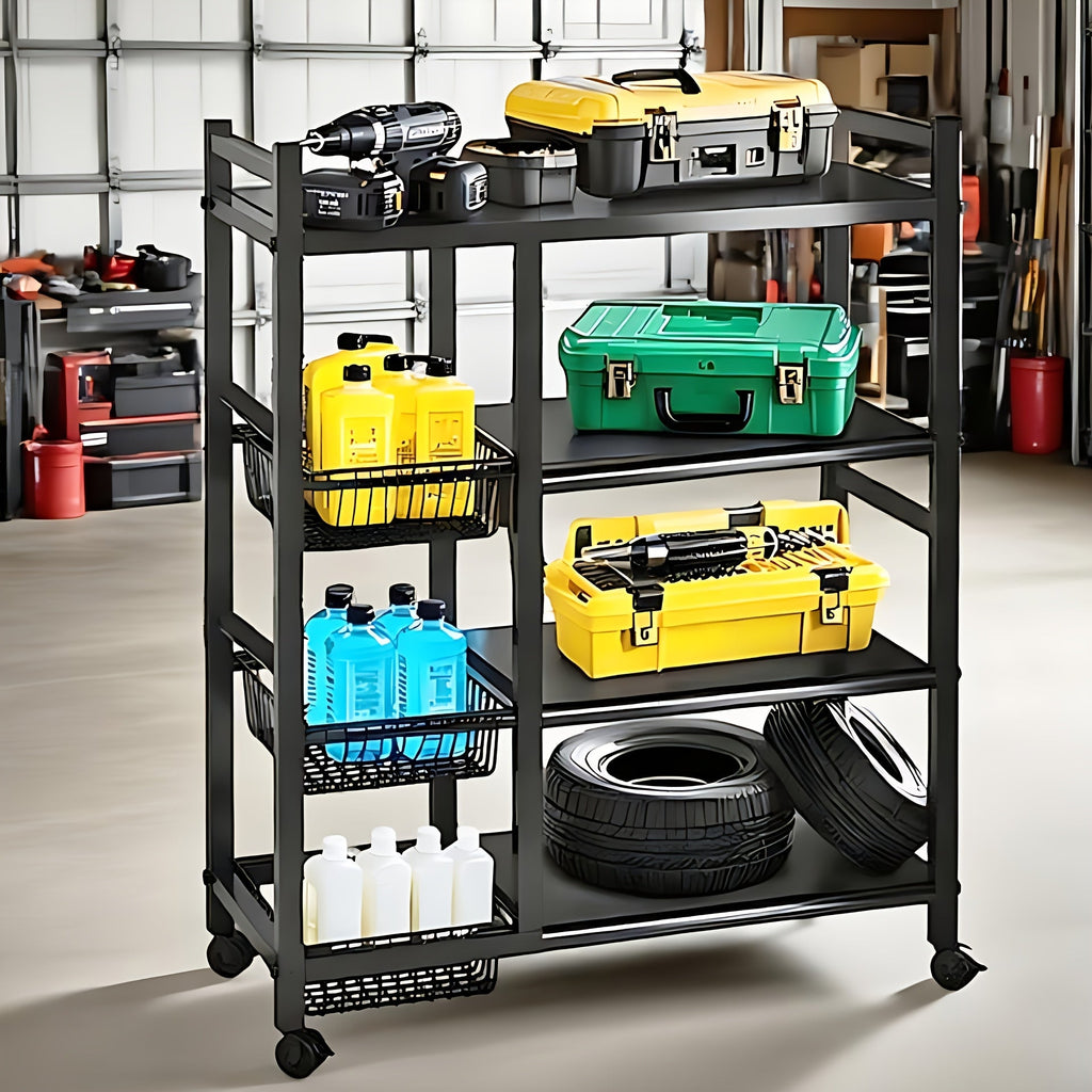 4-Tier Rolling Metal Storage Rack with Side Baskets | Heavy-Duty Utility Shelf on Wheels, Black