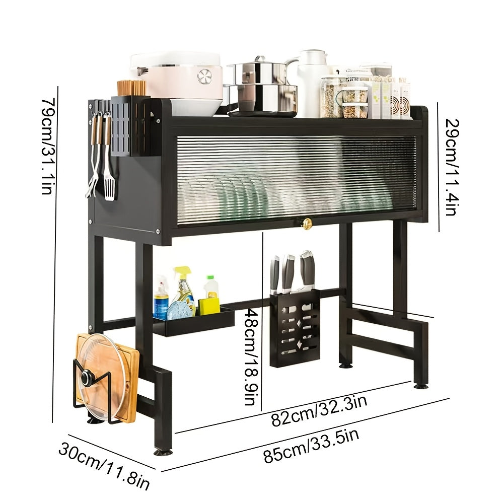 Over-Sink Dish Drying Rack – Flip-Up Glass Door, 2-Tier, Knife Holder & 8 Hooks | Kitchen Organizer