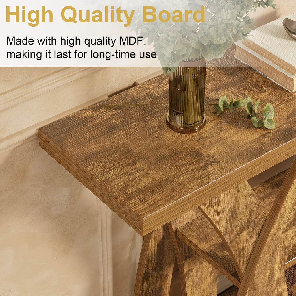 55" Rustic Console Table – 3-Tier Storage, X-Frame Legs, LED Strip | Entryway & Sofa Table