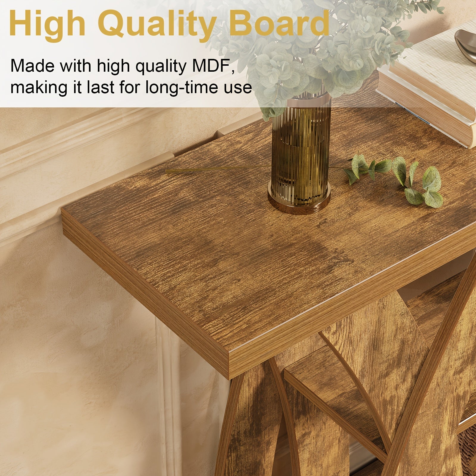 55" Rustic Console Table – 3-Tier Storage, X-Frame Legs, LED Strip | Entryway & Sofa Table