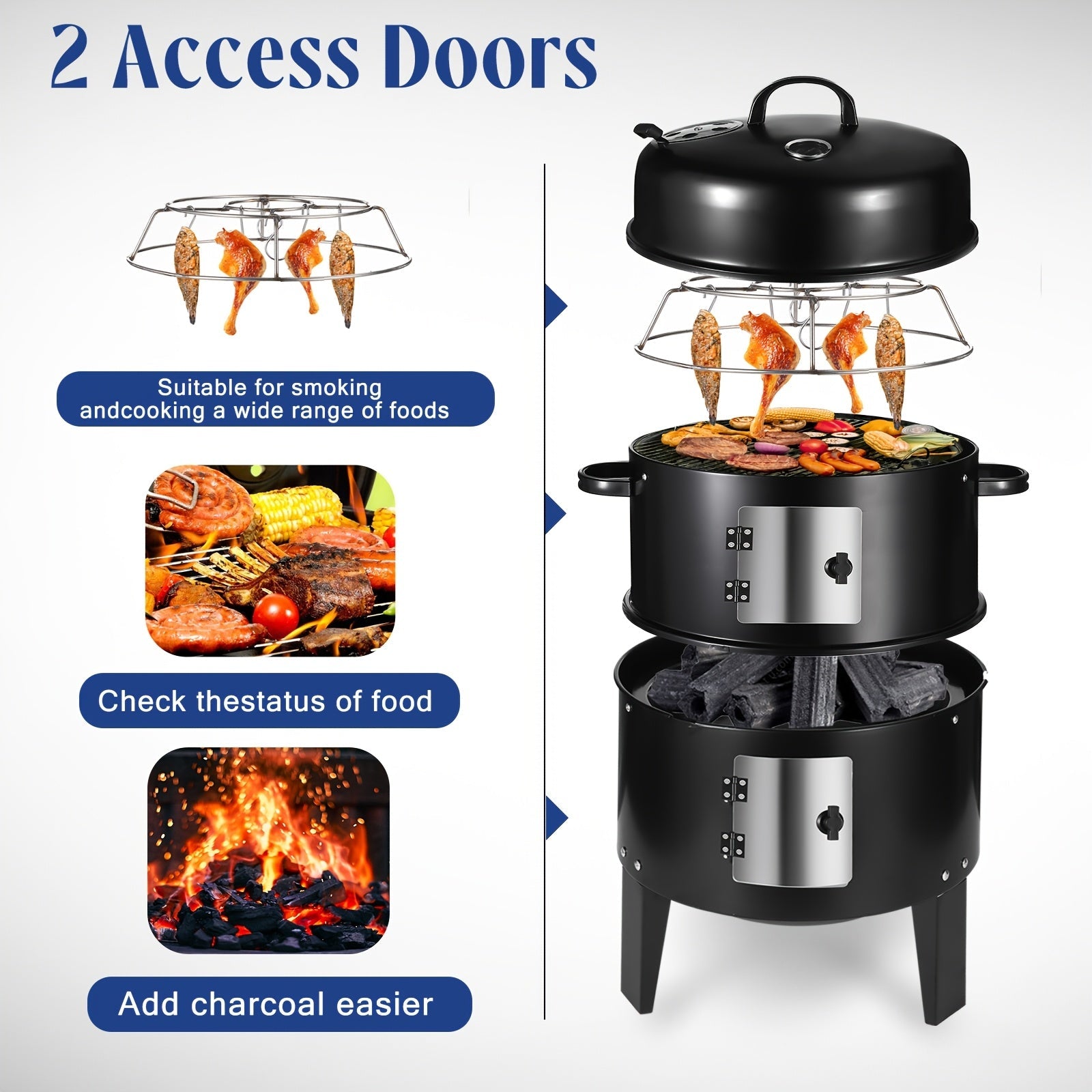 3-in-1 Charcoal Smoker Grill – BBQ Grill, Smoker & Fire Pit | Built-In Thermometer, 2 Access Doors, 6 Food Hooks