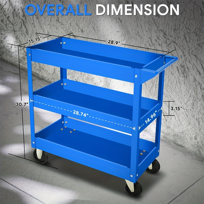 3-Tier Rolling Tool Cart – Heavy-Duty Steel, 4 Swivel Casters, Waterproof Shelves | Garage & Workshop