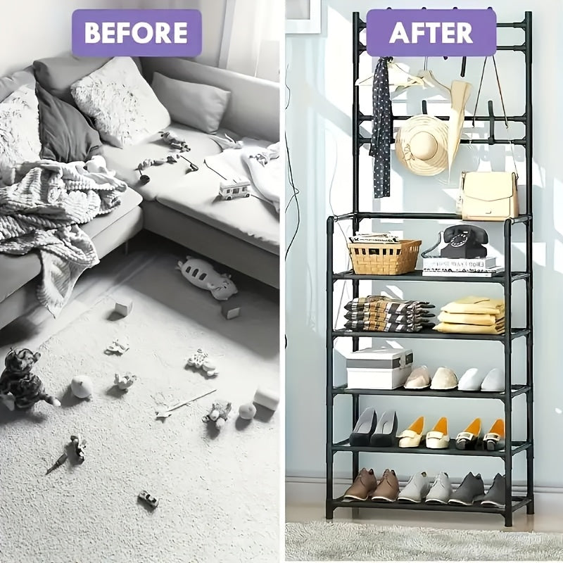 2-in-1 Shoe Rack & Coat Hanger – 5-Tier Entryway Organizer with Dual Hooks