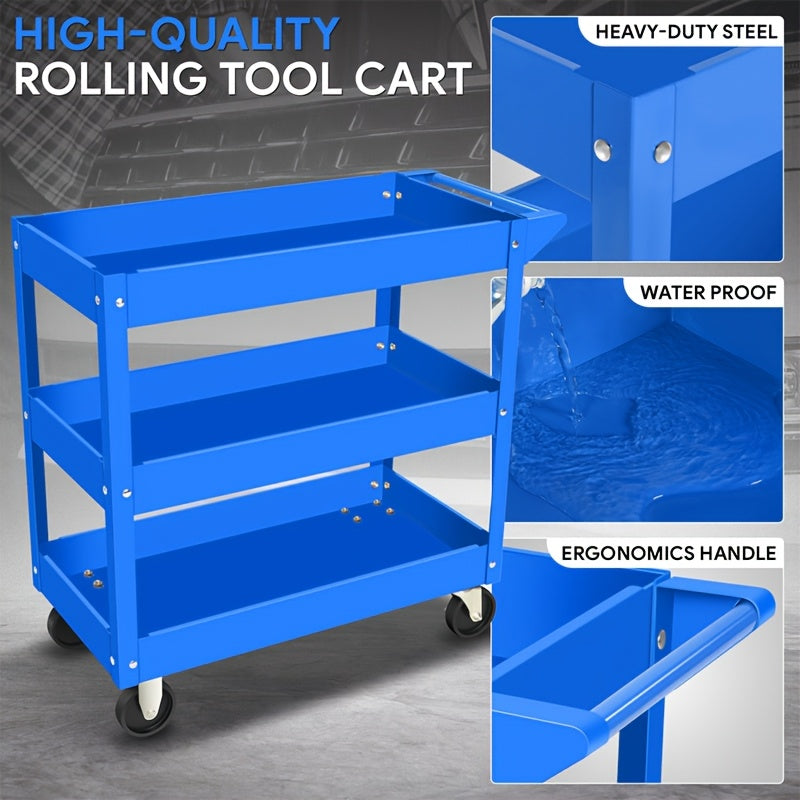 3-Tier Rolling Tool Cart – Heavy-Duty Steel, 4 Swivel Casters, Waterproof Shelves | Garage & Workshop