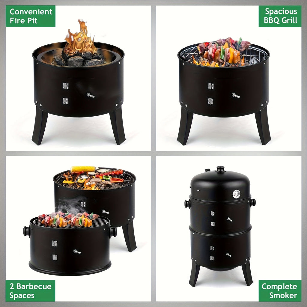 3-in-1 Charcoal Smoker Grill – BBQ Grill, Smoker & Fire Pit | Built-In Thermometer, 2 Access Doors, 6 Food Hooks