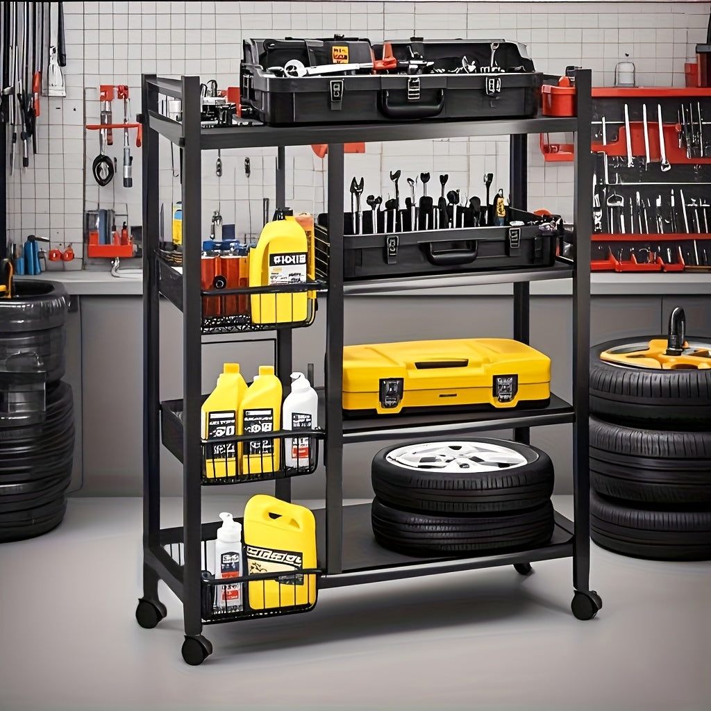 4-Tier Rolling Metal Storage Rack with Side Baskets | Heavy-Duty Utility Shelf on Wheels, Black