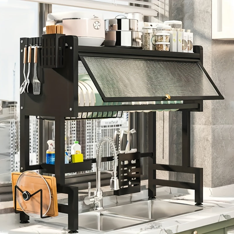 Over-Sink Dish Drying Rack – Flip-Up Glass Door, 2-Tier, Knife Holder & 8 Hooks | Kitchen Organizer