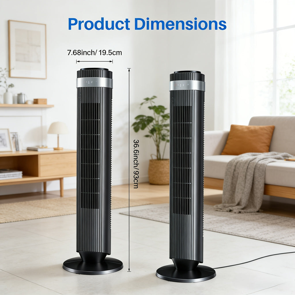 36.6" Bladeless Tower Fan – 5 Speeds, 4 Modes, 64° Oscillation, 12H Timer, Remote & LED | Quiet 28dB
