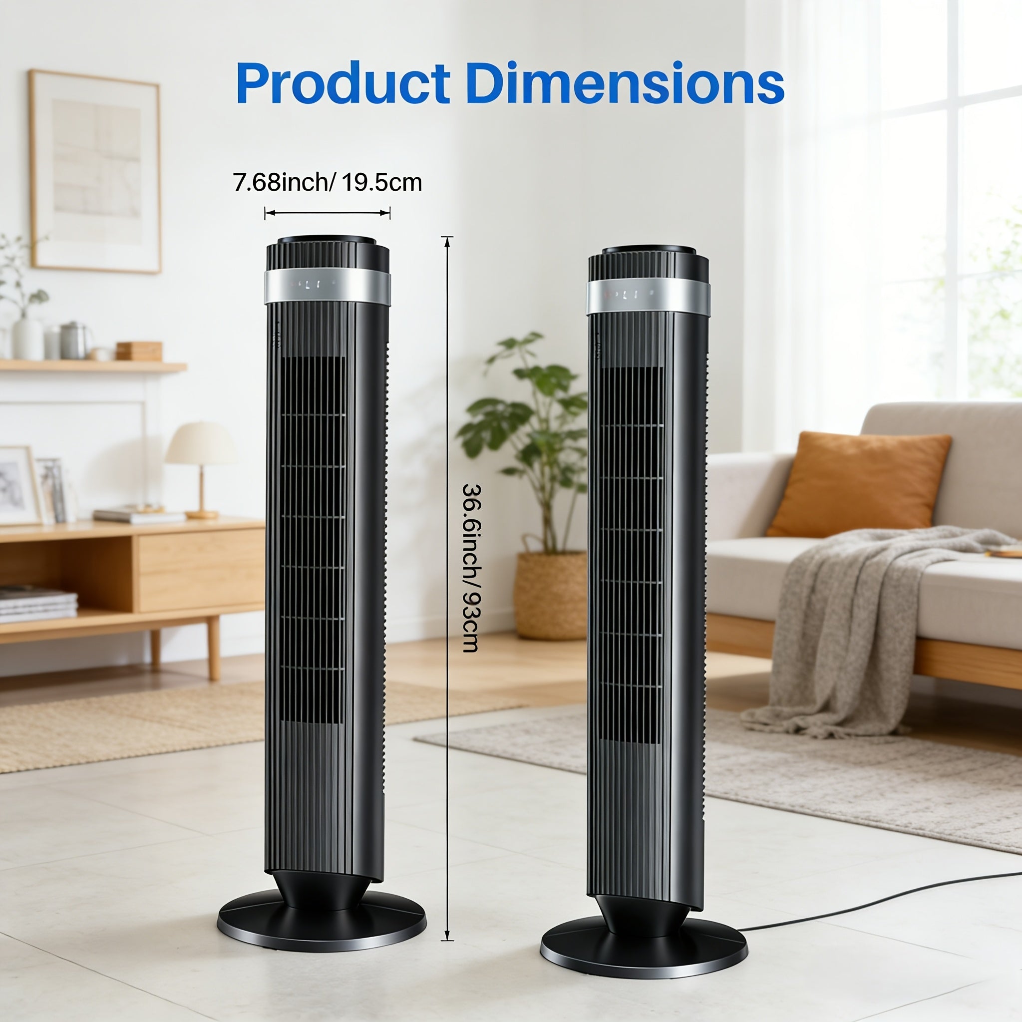 36.6" Bladeless Tower Fan – 5 Speeds, 4 Modes, 64° Oscillation, 12H Timer, Remote & LED | Quiet 28dB