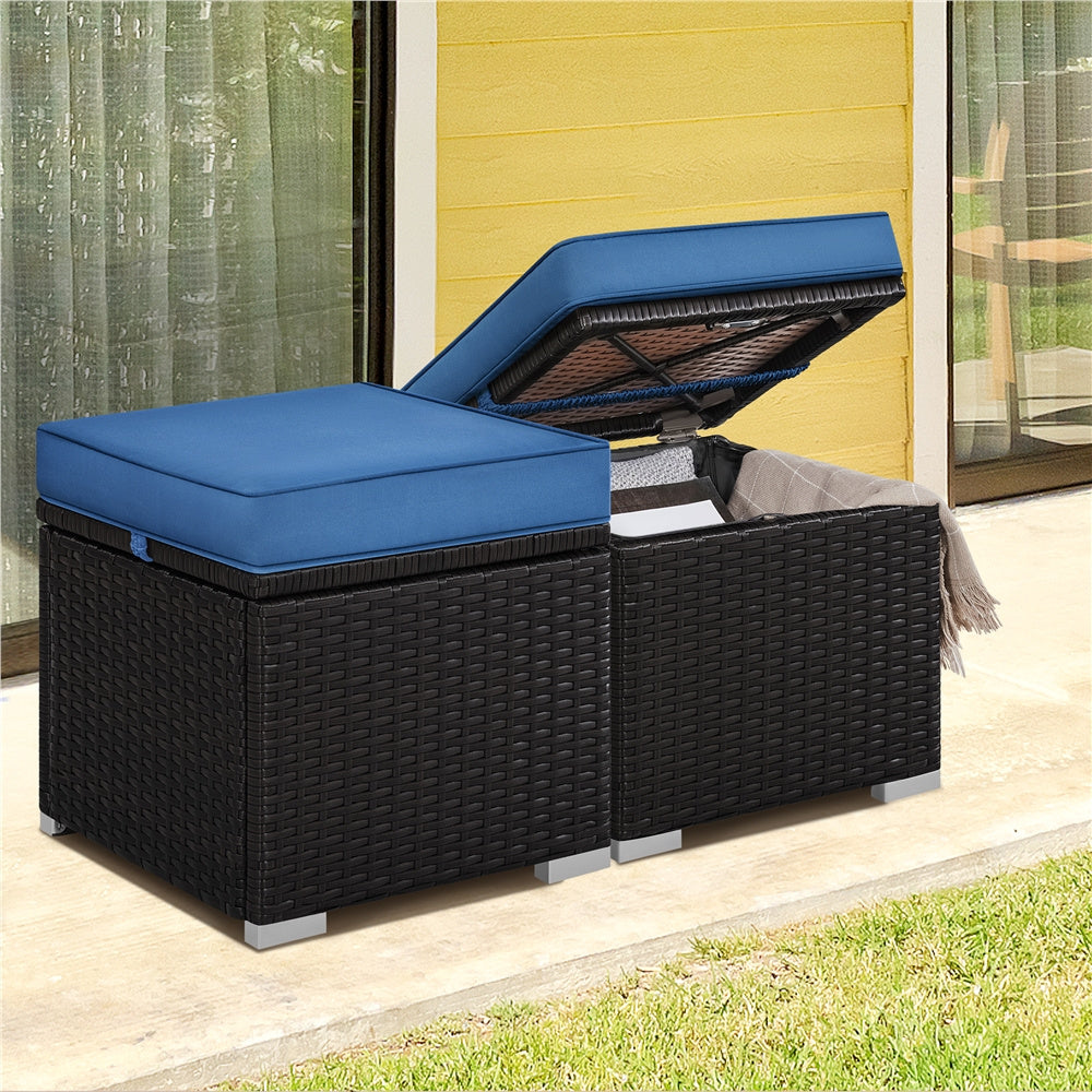 2-Piece Outdoor Rattan Storage Ottoman Set with Cushions