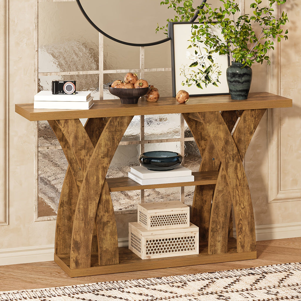 55" Rustic Console Table – 3-Tier Storage, X-Frame Legs, LED Strip | Entryway & Sofa Table