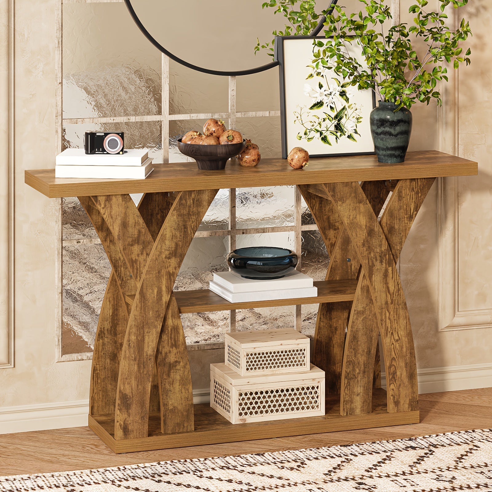 55" Rustic Console Table – 3-Tier Storage, X-Frame Legs, LED Strip | Entryway & Sofa Table