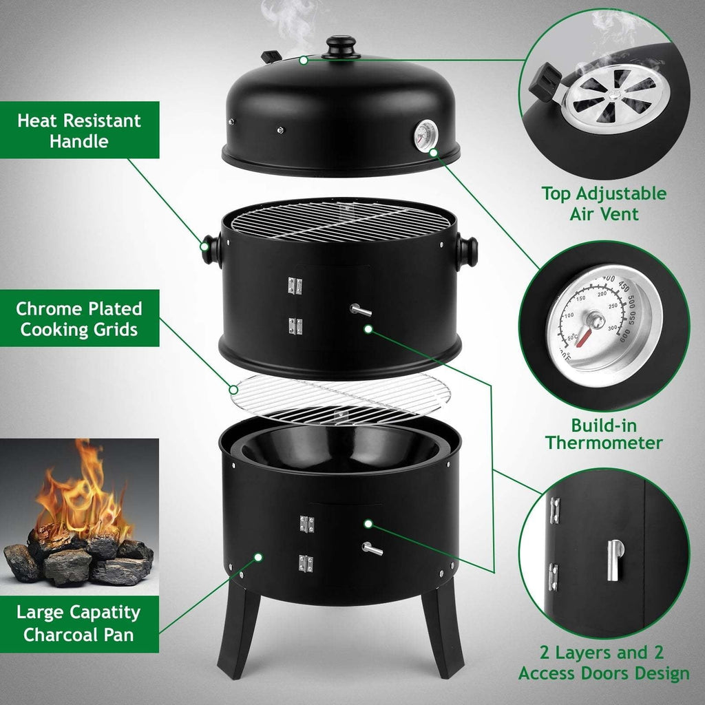 3-in-1 Charcoal Smoker Grill – BBQ Grill, Smoker & Fire Pit | Built-In Thermometer, 2 Access Doors, 6 Food Hooks