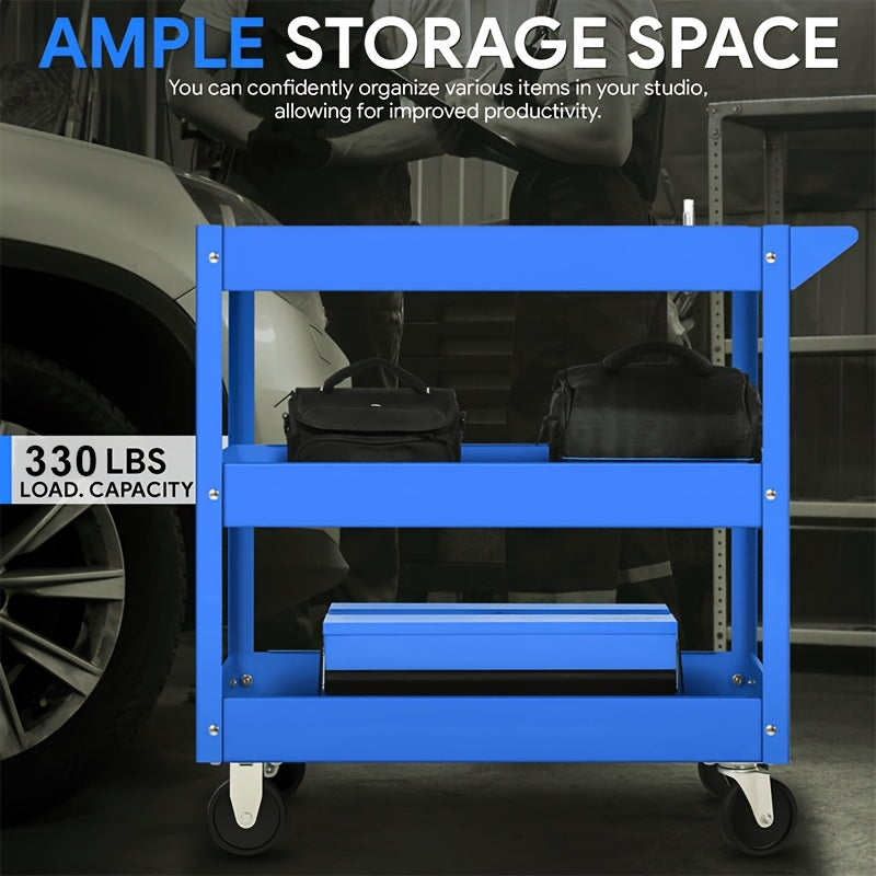 3-Tier Rolling Tool Cart – Heavy-Duty Steel, 4 Swivel Casters, Waterproof Shelves | Garage & Workshop