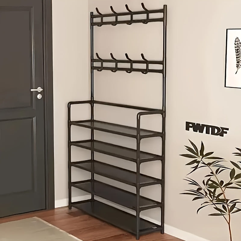 2-in-1 Shoe Rack & Coat Hanger – 5-Tier Entryway Organizer with Dual Hooks