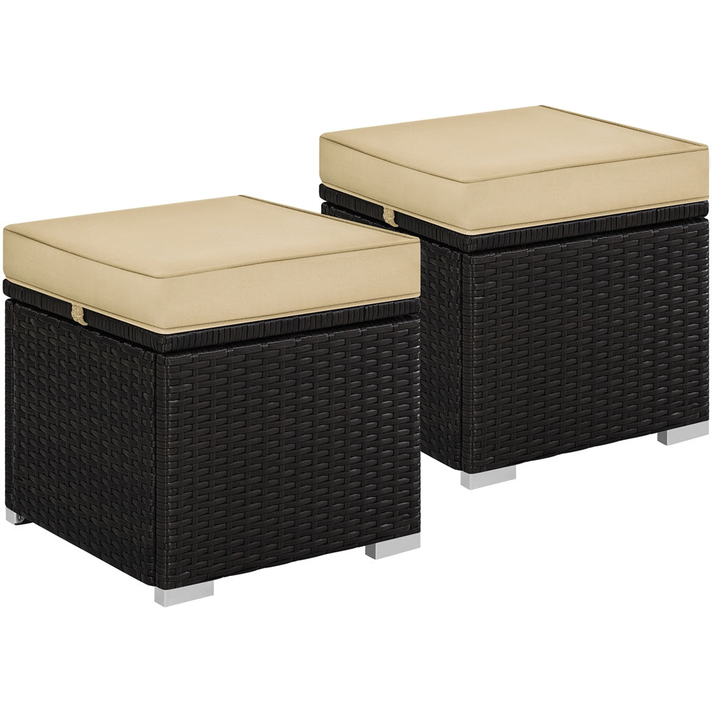 2-Piece Outdoor Rattan Storage Ottoman Set with Cushions