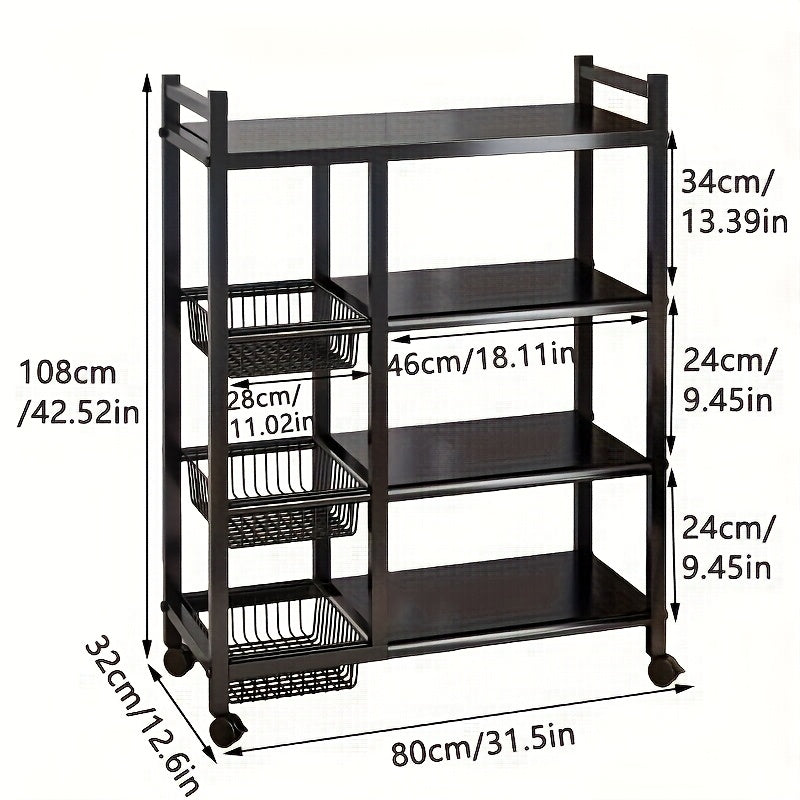 4-Tier Rolling Metal Storage Rack with Side Baskets | Heavy-Duty Utility Shelf on Wheels, Black
